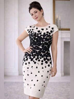 Frascara Floral Sheath Dress Textured Jacquard Cocktail Black Ivory  Elegant 10